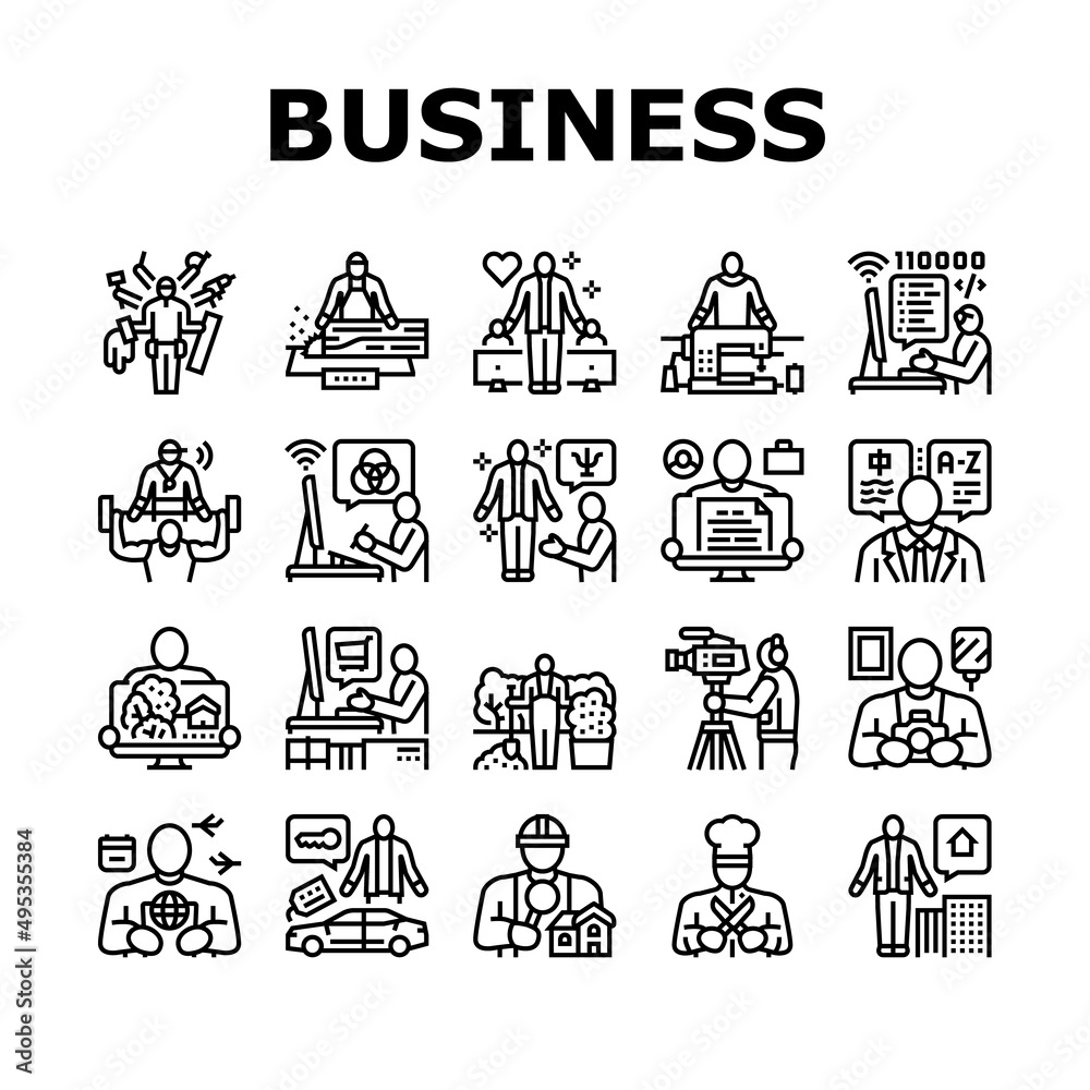 Small Business Worker Occupation Icons Set Vector. Personal Chef And Photographer, Home Inspector And Car Detailing Specialist, Property Manager Translator Small Business Black Contour Illustrations