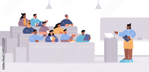 University lecture hall with teacher at pulpit and multiracial students. Concept of education, public seminar, international conference. Vector flat illustration of classroom with speaker and audience