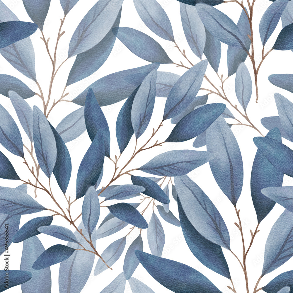Hand Drawing Watercolor Abstract blue Leaves Seamless Pattern isolated on white background. Use for poster, card, template, print, design, textile, fabric, packaging, interior, wedding, invitation