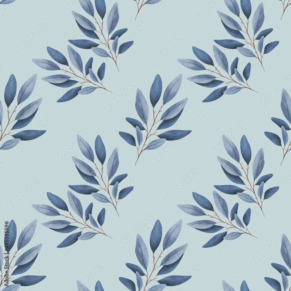 Hand Drawing Watercolor Abstract Leaves Seamless Pattern isolated on blue background. Use for poster, card, template, print, design, textile, fabric, packaging, interior, wedding, invitation Hand Drawing Watercolor Abstract Leaves Seamless Pattern isolated on blue background. Use for poster, card, template, print, design, textile, fabric, packaging, interior, wedding, invitation
