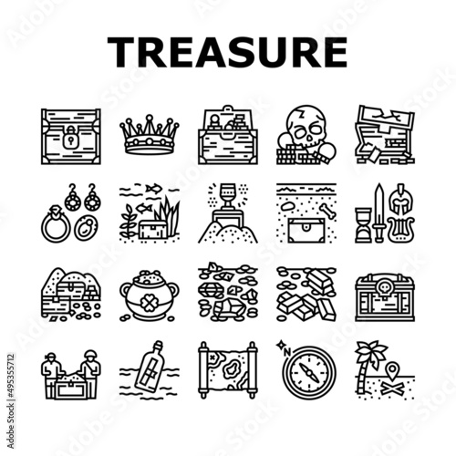 Treasure Golden Jewels In Chest Icons Set Vector. Pirate Gold And Skull, Gemstone And Jewelry Accessories, Leprechaun And Compass Equipment For Searching Treasure Black Contour Illustrations