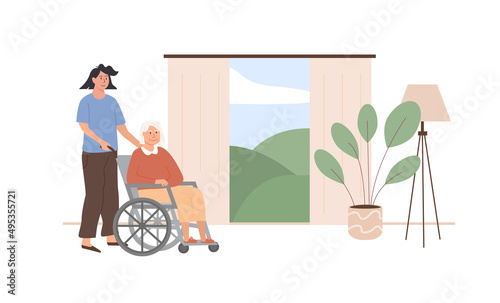 Concept of assisted living. A caregiver with old age woman on wheelchair. A bedroom in nursing home, retirement home. Scene of disabled senior person with social worker at home. Vector illustration.