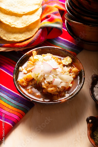 Pozole Rojo. Traditional mexican stew very popular in mexico and neighboring countries. Made from cacahuazintle with meat and various other ingredients depending on the region. photo