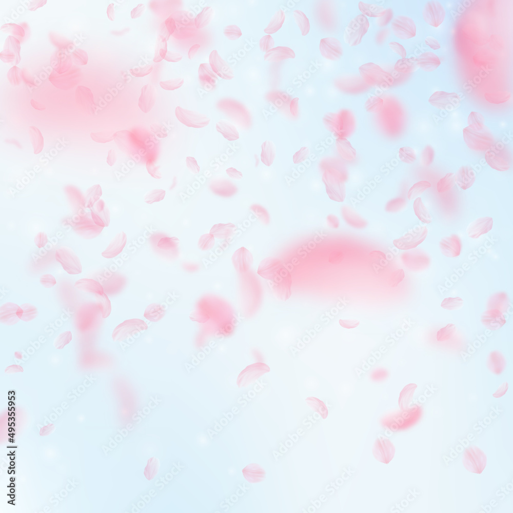 Sakura petals falling down. Romantic pink flowers gradient. Flying petals on blue sky square background. Love, romance concept. Worthy wedding invitation.