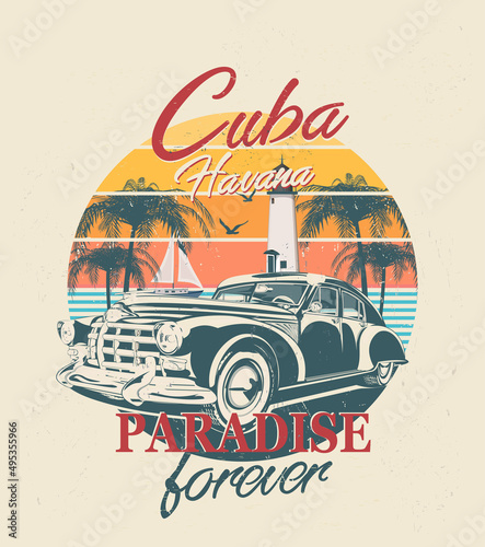 Cuba typography for t-shirt print with sun,beach and retro car.Vintage poster.