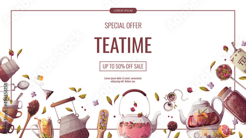 Flyer design with teapots, jar of loose tea, teacups. Tea shop, break, cafe-bar, tea lover, tea party, beverages concept. Vector illustration for poster, banner, flyer, menu, advertising. 