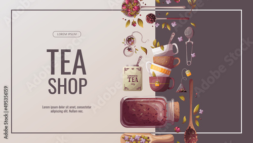 Banner design with Jars, spoons and scoop of loose tea, strainer, teacups. Tea shop, cafe-bar, tea lover, tea party, kitchen concept. Vector illustration for poster, banner, flyer, menu, advertising. 