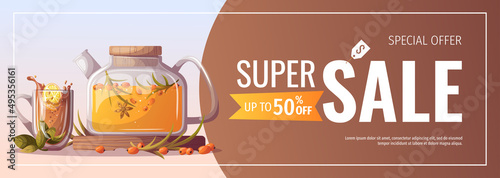 Teapot with sea buckthorn tea and teacup. Tea shop, break, cafe-bar, tea lover, tea party, beverages concept. Vector illustration for poster, banner, flyer, menu, advertising. 