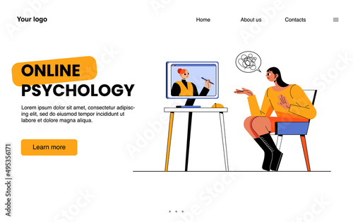 Online psychology landing page. Depressed woman with tangled thoughts consulting with therapist on computer screen. Distant mental helpline with psychologist, Cartoon flat vector line art web banner