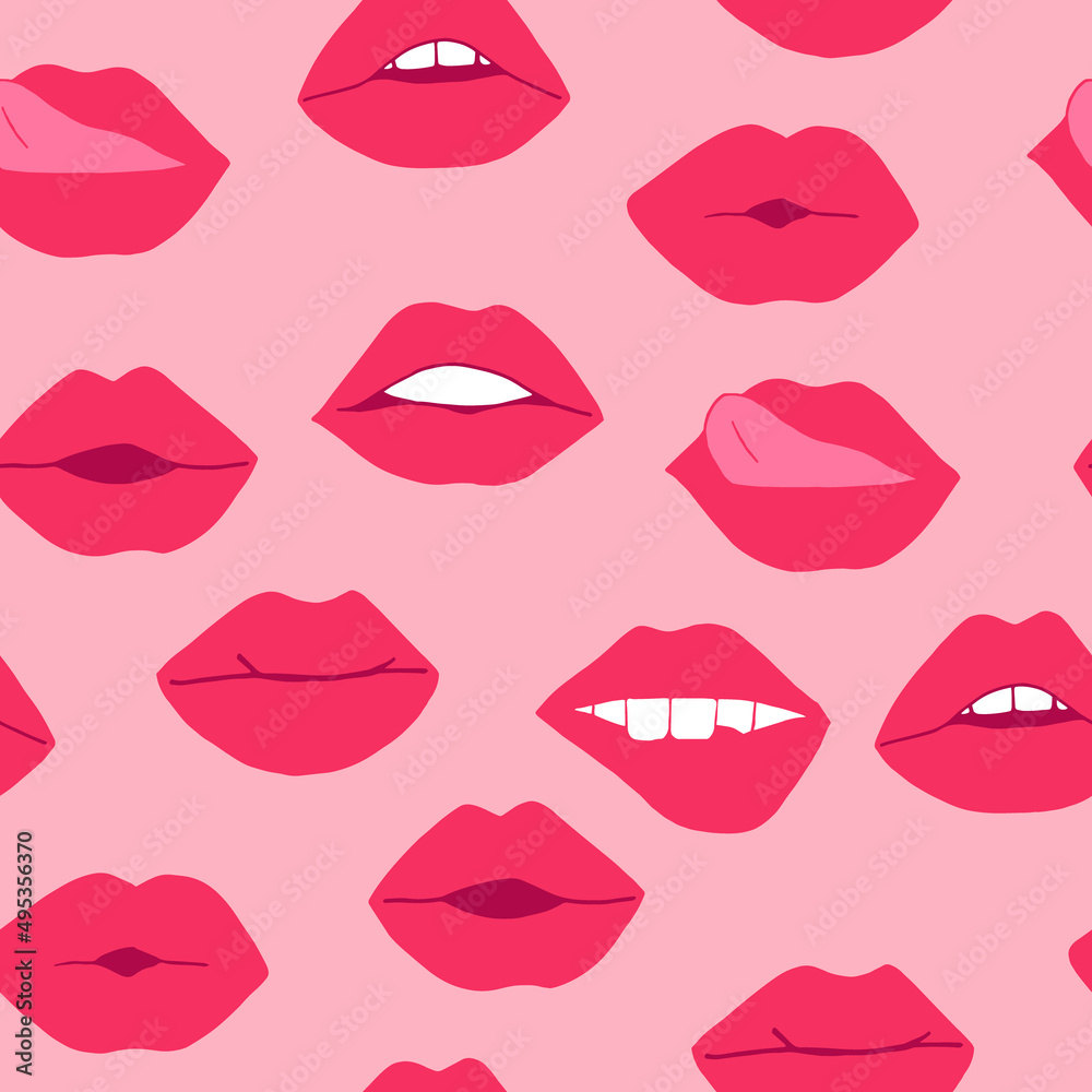 lips with pink lipstick seamless pattern. mouth vector illustration hand drawn in cartoon style. lips with pink lipstick seamless pattern. mouth vector illustration hand drawn in cartoon style.