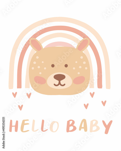 Childish hand drawn illustration with cute bear and rainbow. In kids's boho style. Postcard for the birth of a baby. Hi baby.