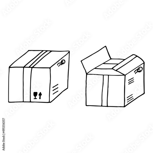closed and open cardboard box set hand drawn in doodle style. vector, line art, nordic, scandinavian, minimalism, monochrome. icon, sticker. package.