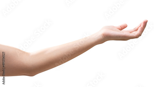 isolated of woman hand holding something like a bottle or can.