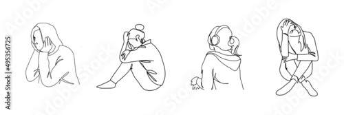 illustration of expressive and elegant woman's in one line art style. continuous drawing in vector design. simple drawn desperate woman alone.