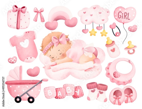 Watercolor Illustration Baby Girl Clipart