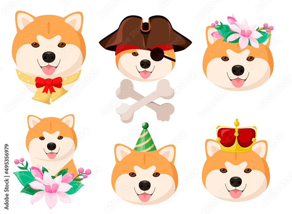 A set of funny Akita Inu dogs on a white background. Cartoon design.
