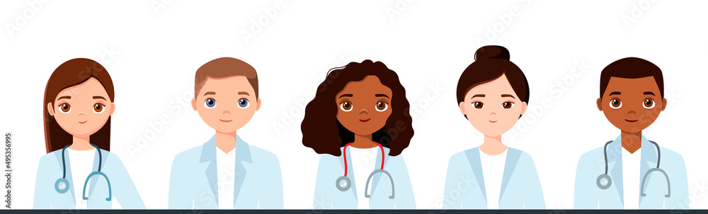 A set of doctors of different races on a white background. Cartoon design. A set of doctors of different races on a white background. Cartoon design.