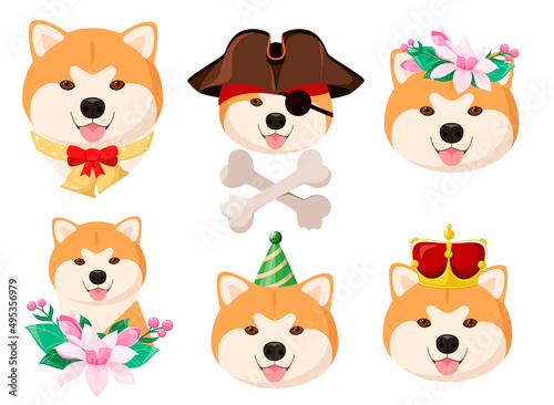 A set of funny Akita Inu dogs on a white background. Cartoon design. 
