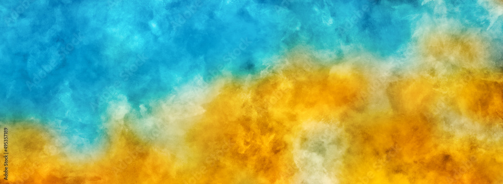 Orange yellow and cyan blue bright colors abstract summer background texture with colorful  grunge distressed paint stains pattern in contemporary painting art header banner image design illustration