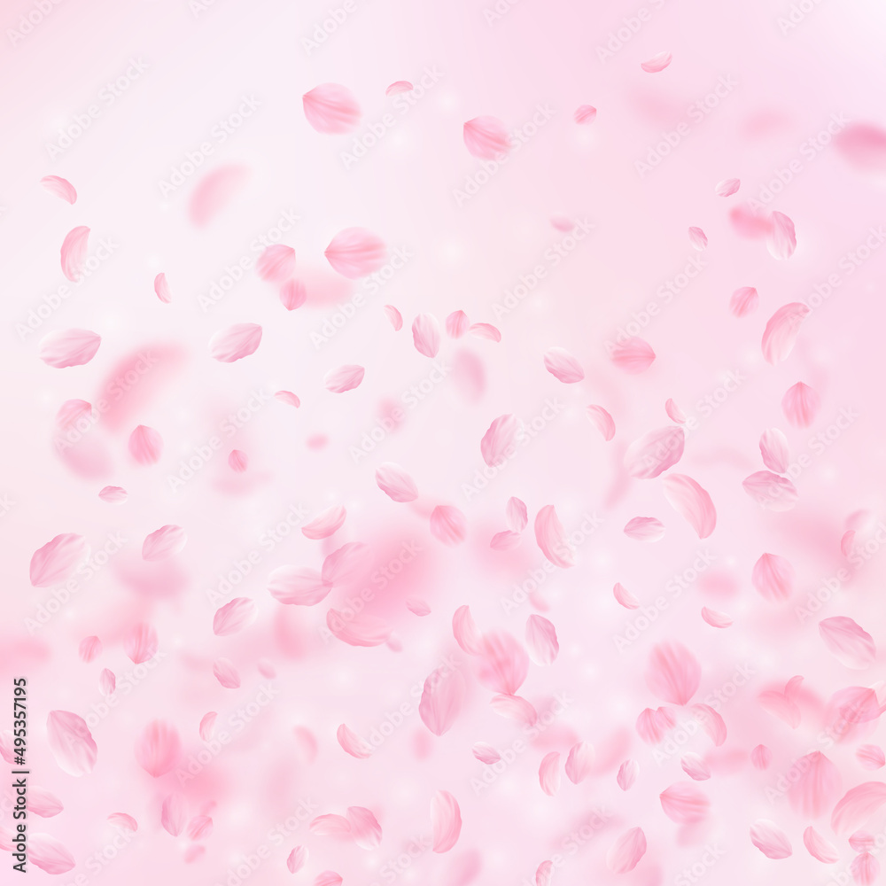 Sakura petals falling down. Romantic pink flowers gradient. Flying petals on pink square background. Love, romance concept. Delicate wedding invitation.