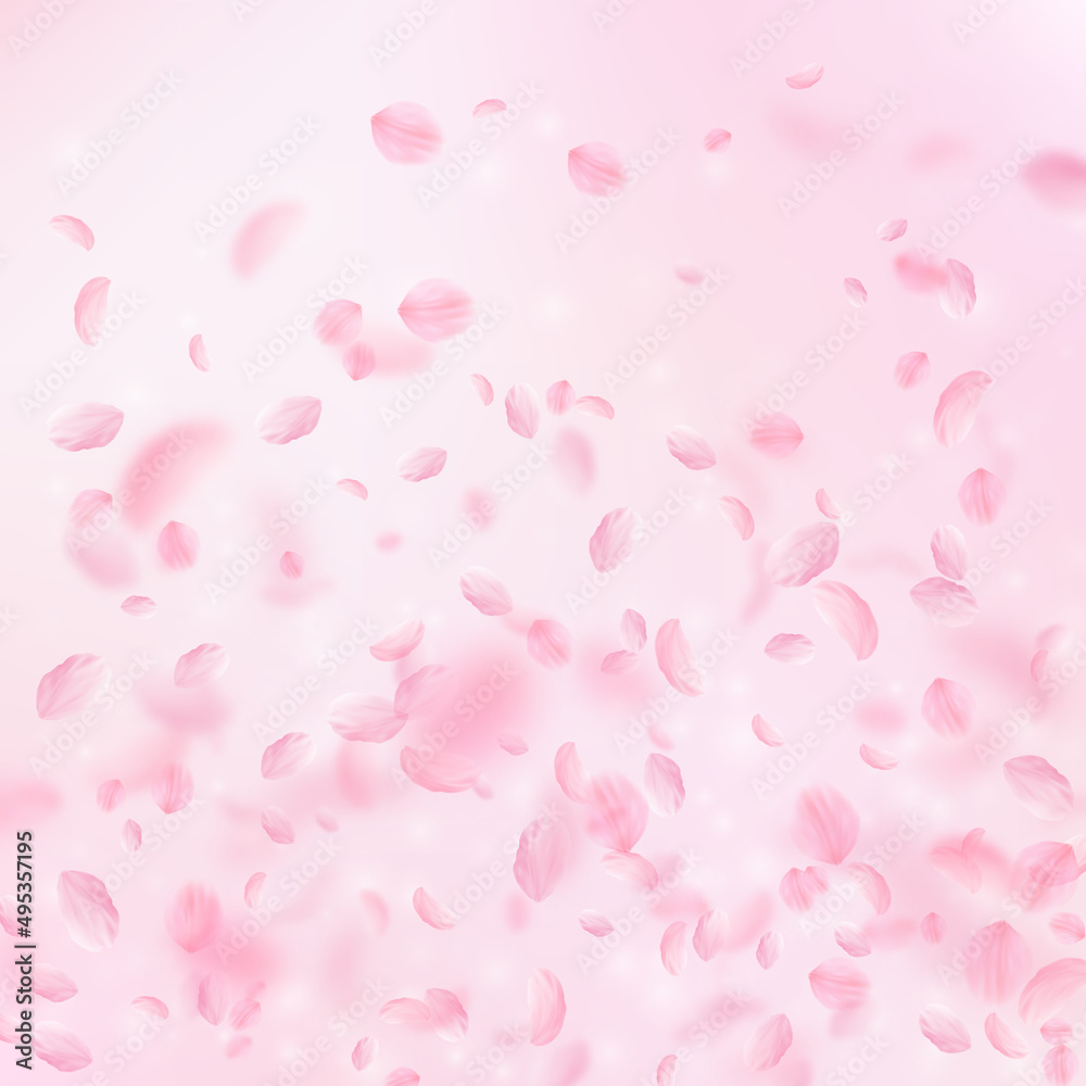 Sakura petals falling down. Romantic pink flowers gradient. Flying petals on pink square background. Love, romance concept. Delicate wedding invitation. Sakura petals falling down. Romantic pink flowers gradient. Flying petals on pink square background. Love, romance concept. Delicate wedding invitation.