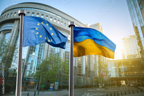 Flags of Ukraine and European Union in Brussels