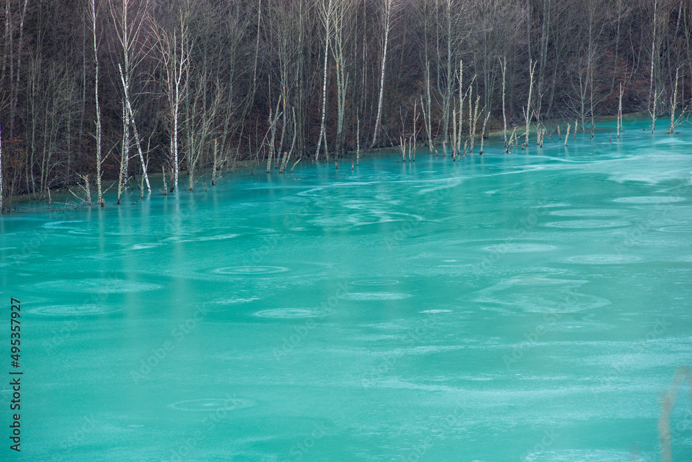 Turquoise waste waters from a copper mine polluting  the environment. Geamana decantation lake, Romania