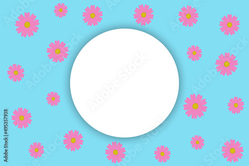Banner with pink flowers and copyspace on blue background. Beautiful floral background. Vector illustration