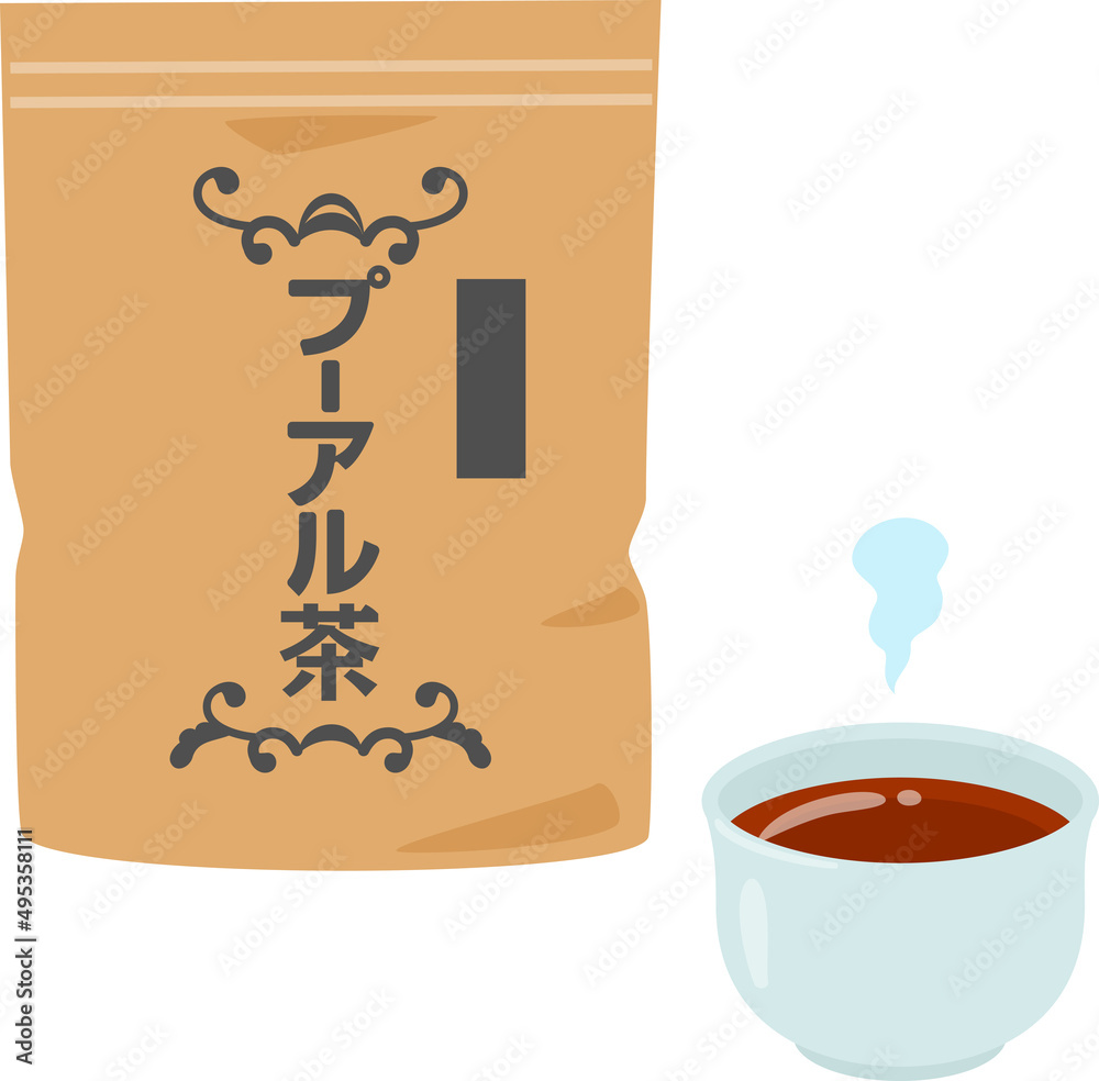 袋入りのプーアル茶と湯呑に入れたプーアル茶 Stock Vector | Adobe Stock