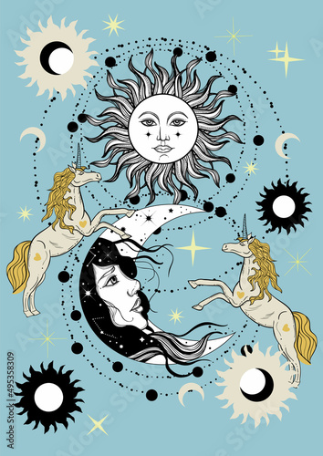 Sun eclipse concept. Vector illlustration of astronomy and astrology symbol. Vintage, Boho or gypsy style