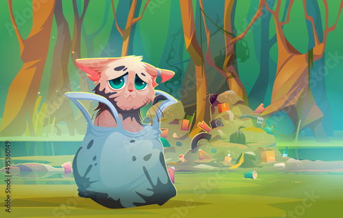 Nature pollution, save Earth planet environmental concept. Dirty sad cat stained with oil sitting in plastic bag at contaminated forest pond with piles of garbage around, Cartoon vector illustration