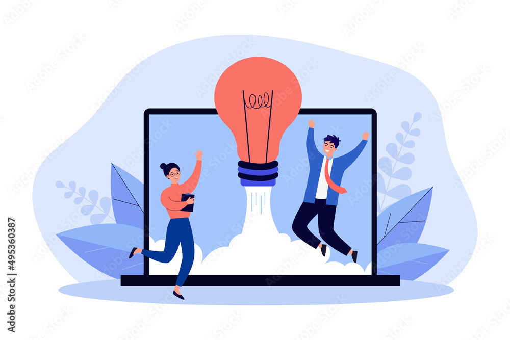 Startup rocket launch by happy business people. Success of new project of tiny man and woman flat vector illustration. Entrepreneurship, venture concept for banner, website design or landing web page - obrazy, fototapety, plakaty 