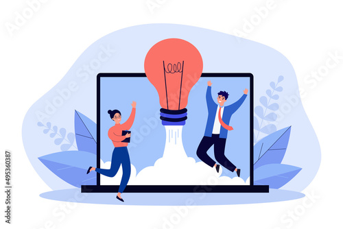 Startup rocket launch by happy business people. Success of new project of tiny man and woman flat vector illustration. Entrepreneurship, venture concept for banner, website design or landing web page