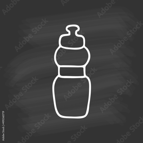 Hand drawn sport water bottle on chalkboard. White outline on black background. Cute element in doodle style for card, social media banner, sticker, decoration kids playroom. Vector illustration