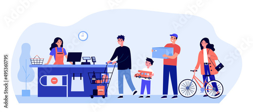 Customers standing in queue at supermarket checkout. Female and male characters with purchases waiting flat vector illustration. Grocery shop concept for banner, website design or landing web page