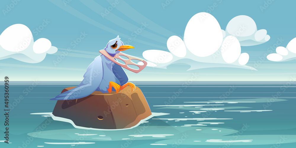 Nature pollution eco concept. Unhappy bird with plastic garbage on neck. Gull sitting on rock in Nature pollution eco concept. Unhappy bird with plastic garbage on neck. Gull sitting on rock in