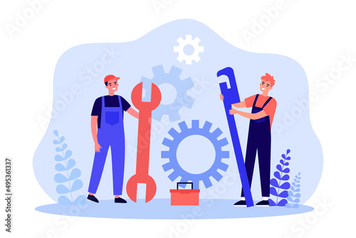 Team of technicians standing with equipment and gears. Tiny male workers holding spanner and wrench flat vector illustration. Maintenance service concept for banner, website design or landing web page