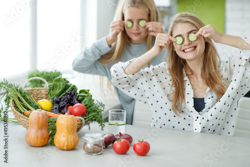 Healthy food woman. Girls girlfriend eats a salad. High quality photo