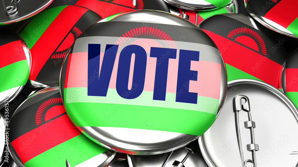 Malawi and Vote - dozens of pinback buttons with a flag of Malawi and a word Vote. 3d render symbolizing upcoming Vote in this country., 3d illustration Malawi and Vote - dozens of pinback buttons with a flag of Malawi and a word Vote. 3d render symbolizing upcoming Vote in this country., 3d illustration