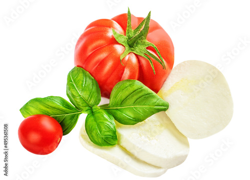 Mozzarella cheese with basil leaf and tomatoes isolated on white background.