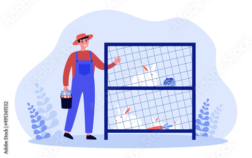 Farmer feeding rabbits with carrot and cabbage. Care about cute animals in cage by man flat vector illustration. Countryside farm, agriculture concept for banner, website design or landing web page