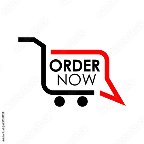 Shopping cart with the word order now. Flat design. Vector Illustration on white background.