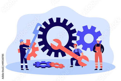 Team of technicians moving gear of machine. Tiny male characters holding spanner and wrench flat vector illustration. Maintenance, repair service concept for banner, website design or landing web page