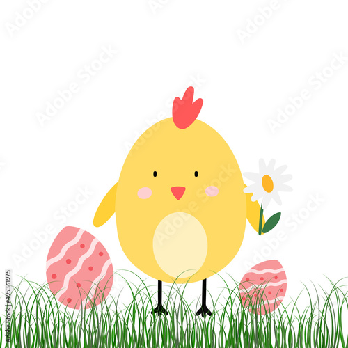 ute Easter vector card. Easter chick and easter eggs Illustration in scandinavian style for Card, Greeting, Banner.