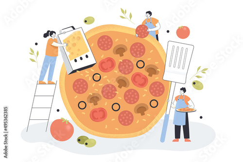 Tiny humans putting ingredients on huge pizza. Cartoon characters making tasty food at cafe or restaurant flat vector illustration. Fast food, cooking concept for banner or landing web page