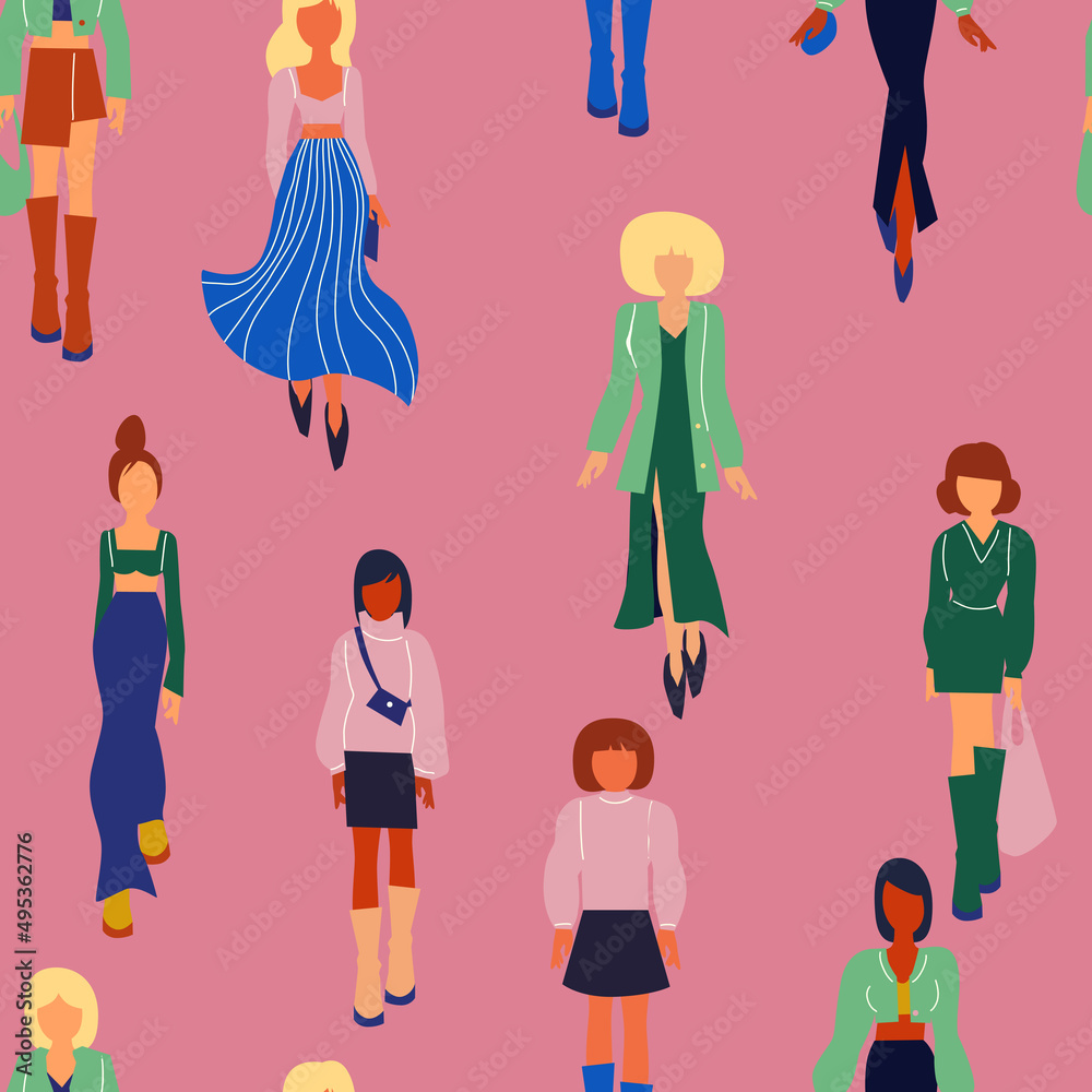 Seamless pattern. Women in trendy clothes. Fashion flat style illustration.