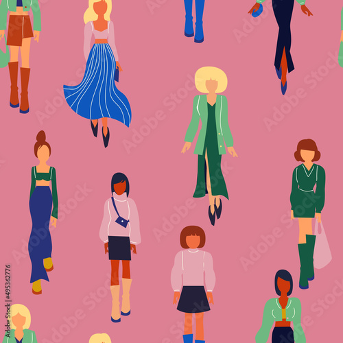 Seamless pattern. Women in trendy clothes. Fashion flat style illustration. © lolya1988