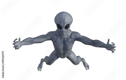 Humanoid alien looking up with hands raised up. Isolated on white background. 3D rendering illustration. Top view.