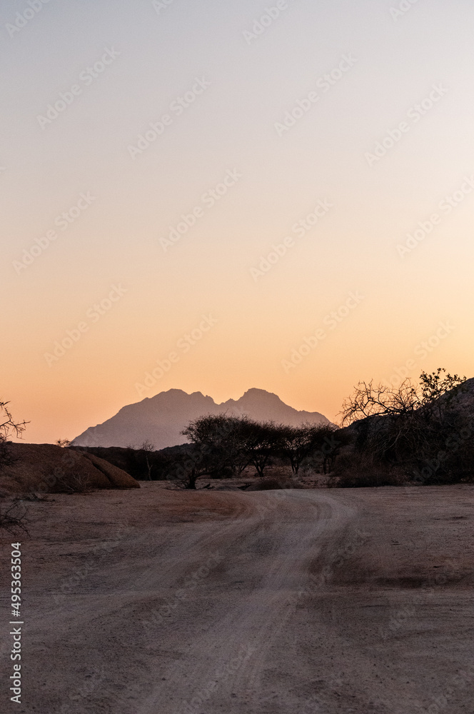 Landscape shot of the Namibian desert near Spitzkoppe, around sunset.