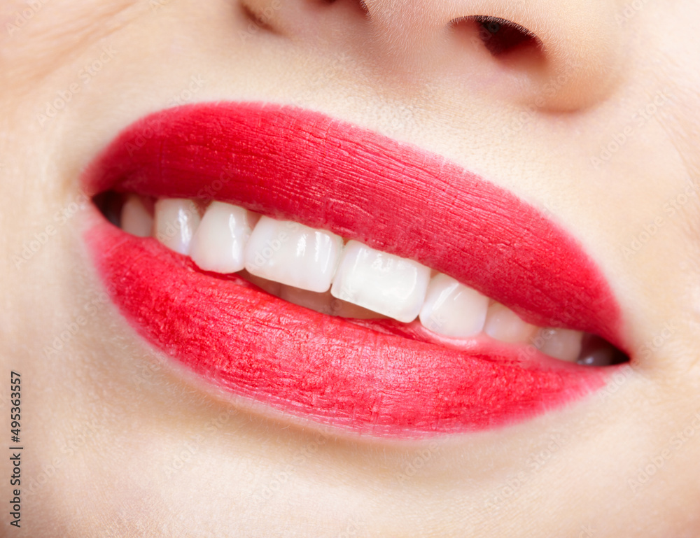 Obraz premium Closeup macro portrait of woman smiling red lips with day beauty makeup